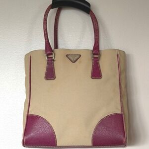 Prada Vintage Beige Magenta Tote Bag Luxury Minimalist Leather‎ Medium